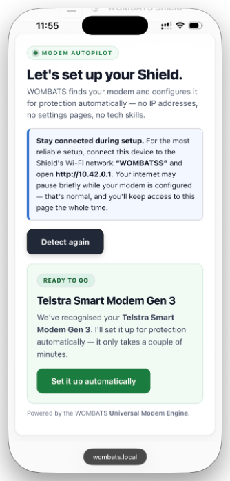 Modem Autopilot on a phone: Let's set up your Shield. A Telstra Smart Modem Gen 3 is recognised and ready to go, with a Set it up automatically button.