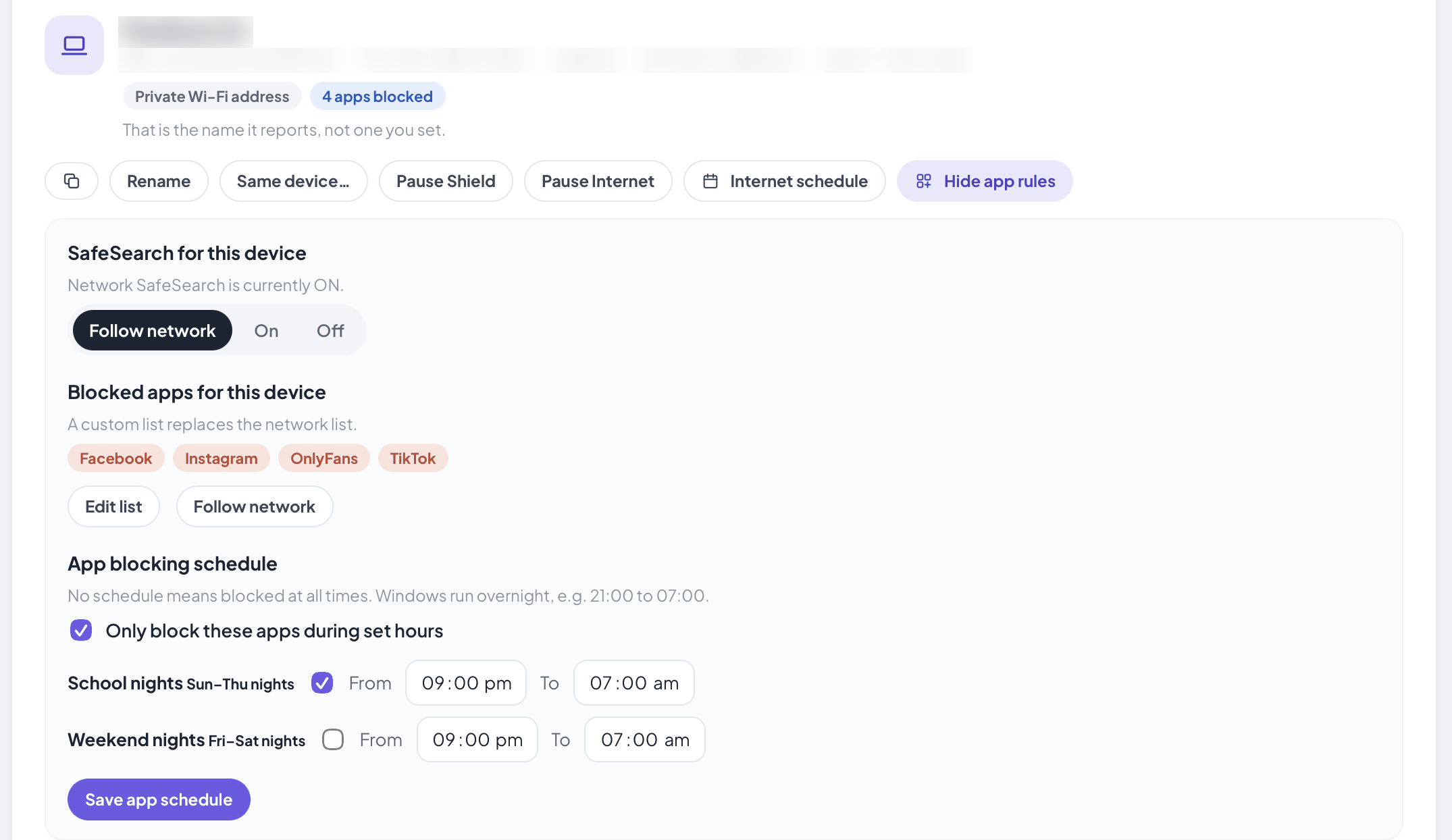 One laptop opened on the Control page: pause and internet-schedule buttons, SafeSearch following the network setting, four apps blocked for this device only, and those apps blocked only on school nights, 9 pm to 7 am. The device's name and network addresses are blurred.