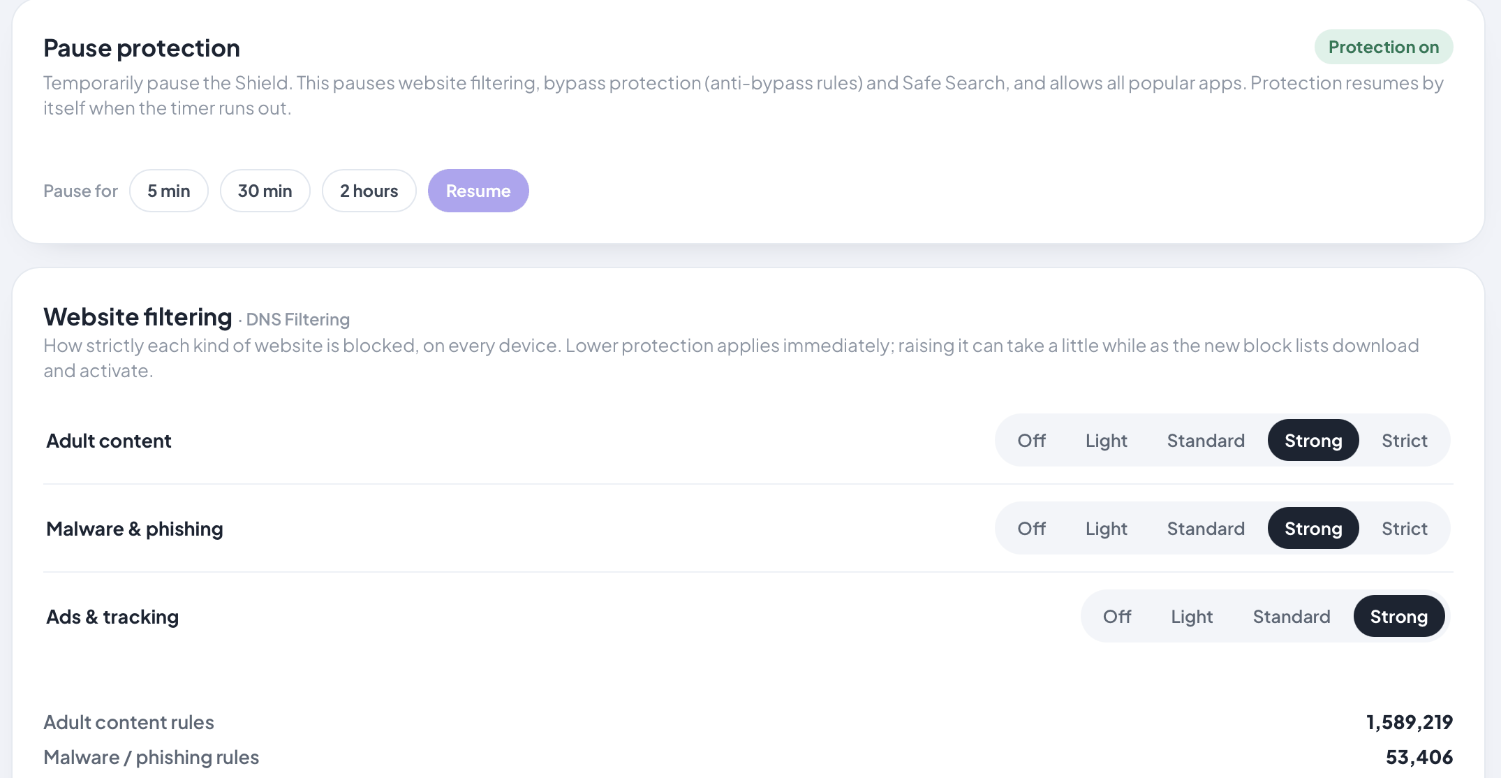 Shield settings: pause protection for 5 minutes, 30 minutes or 2 hours, and a filter strength from Off to Strict for adult content, for malware and phishing, and for ads and tracking, with a count of the rules in use.