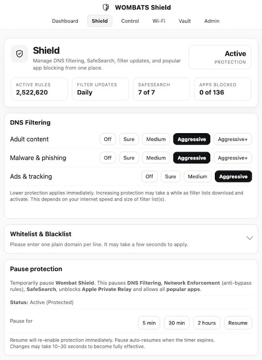 WOMBATS Shield settings screen.